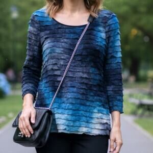 Elements Artsy Tiered 3/4 Sleeve Top Women's Petite M Blue Black Boho Y2K 90s